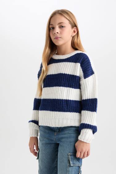 Girl Striped Crew Neck Knit Pullover