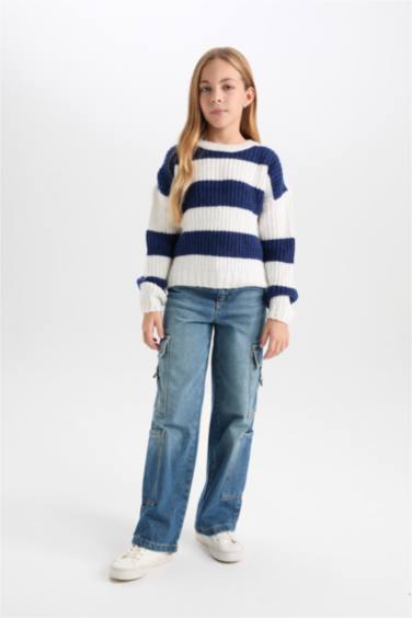 Girl Striped Crew Neck Knit Pullover