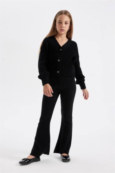 Kız Çocuk Flare Fit İspanyol Paça Basic Düz Triko Pantolon