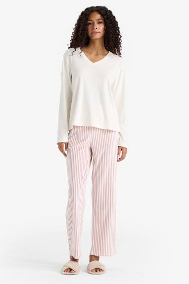 Pijama Takımı Regular Fit Uzun Kollu Velur Üst Çizgili Uzun Alt-Fall in Love