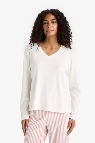 Pijama Takımı Regular Fit Uzun Kollu Velur Üst Çizgili Uzun Alt-Fall in Love