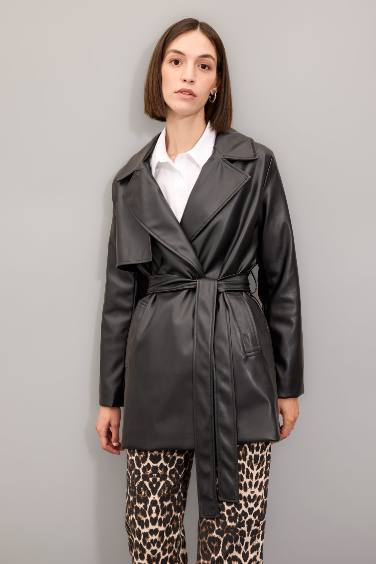 Regular Fit Faux Leather Trench Coat