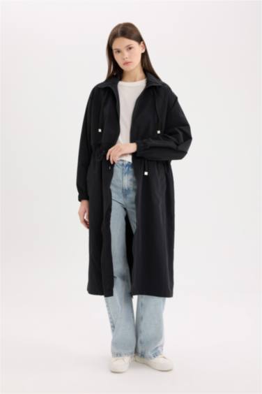 Hooded Zipper Closure Pocket Drawstring Waist Long Waterproof Raincoat