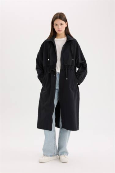 Hooded Zipper Closure Pocket Drawstring Waist Long Waterproof Raincoat