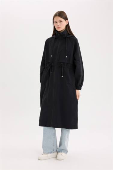 Hooded Zipper Closure Pocket Drawstring Waist Long Waterproof Raincoat