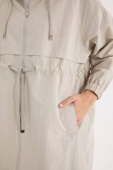 Hooded Zipper Closure Pocket Drawstring Waist Long Waterproof Raincoat