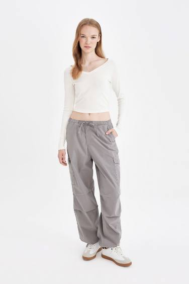 Parachute Waist Elasticated Pocketed Basic Poplin Gray Trousers