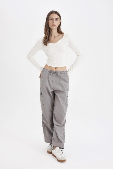 Parachute Waist Elasticated Pocketed Basic Poplin Gray Trousers
