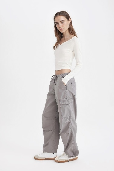 Parachute Waist Elasticated Pocketed Basic Poplin Gray Trousers