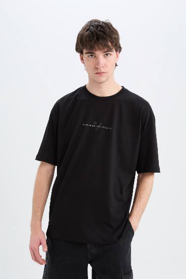 %100 Pamuk Vikings Valhalla Oversize Geniş Kalıp Bisiklet Yaka Sırt Baskılı Kısa Kollu Tişört