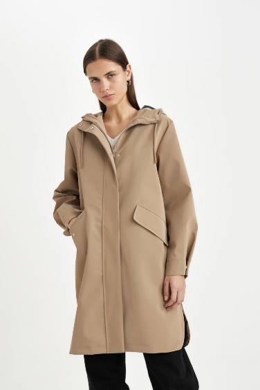 Su Geçirmez Uzun Mevsimlik Yağmurluk Oversize Geniş Kalıp Kapüşonlu Fermuarlı Cepli