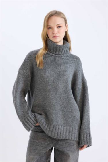 Oversize Geniş Kalıp Balıkçı Yaka Basic Düz Triko Kazak Tunik