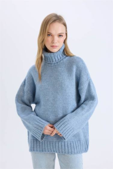 Oversize Geniş Kalıp Balıkçı Yaka Basic Düz Triko Kazak Tunik