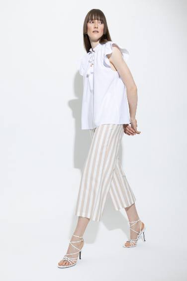 Wide Leg Striped Linen Look Crop Fit Cotton Trousers