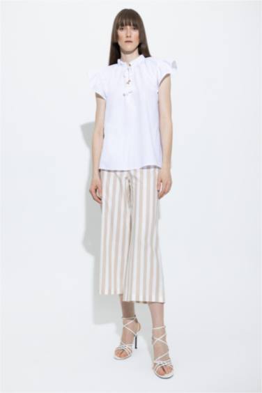 Wide Leg Striped Linen Look Crop Fit Cotton Trousers