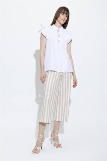 Wide Leg Striped Linen Look Crop Fit Cotton Trousers