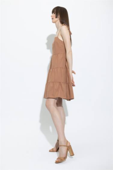 Square Collar Linen Look Strapless Flounce Mini Dress