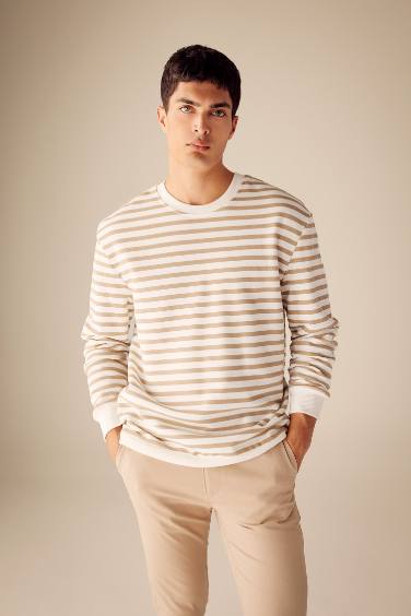 Comfort Regular Fit Relaxed Fit Crew Neck Striped Sweatshirt