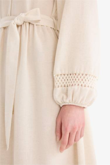 فستان محجبات طويل من مزيج الكتان قصة عادية بياخة عالية بحزام