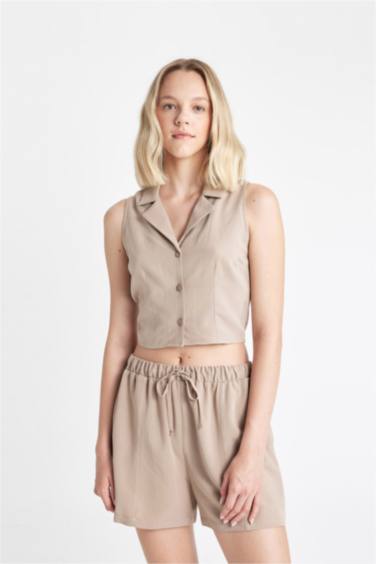 Fitted Pajama Collar Linen Blend Sleeveless Shirt