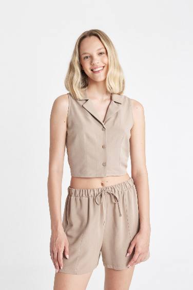 Fitted Pajama Collar Linen Blend Sleeveless Shirt