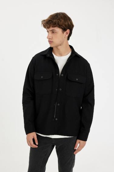 Boy Black Relax Fit Waffle Fabric Cotton Blend Long Sleeve Shirt