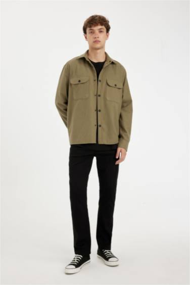 Relax Fit Yaka Waffle Basic Düz Pamuk Karışımlı Uzun Kollu Gömlek