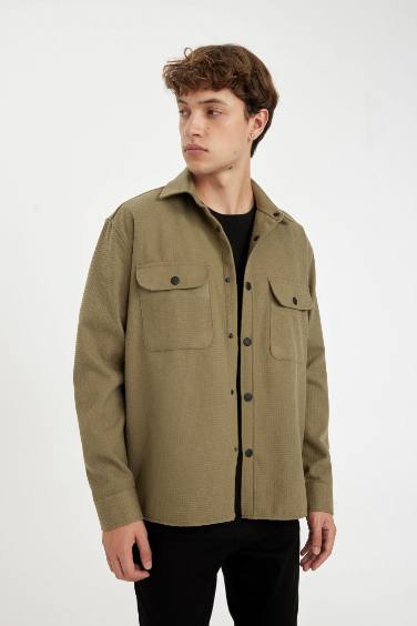 Relax Fit Yaka Waffle Basic Düz Pamuk Karışımlı Uzun Kollu Gömlek