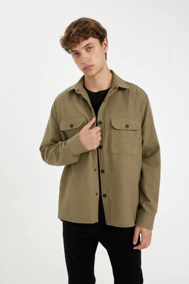 Relax Fit Yaka Waffle Basic Düz Pamuk Karışımlı Uzun Kollu Gömlek