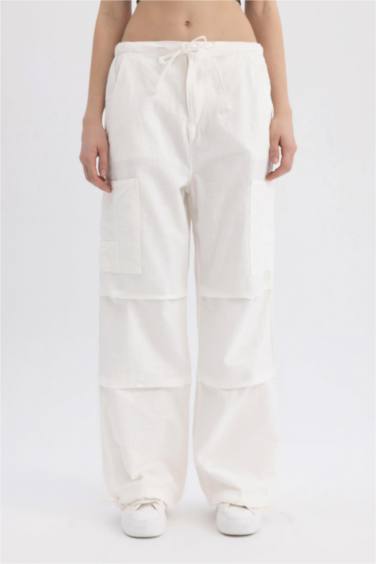 Paraşüt Gabardin Pantolon Beli Bağcıklı Cepli Geniş Bol Paça