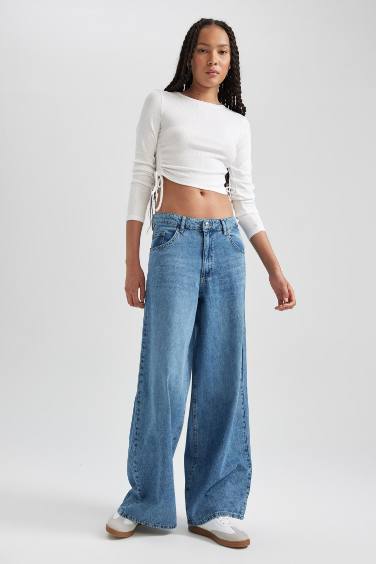 Palazzo Rahat Kalıp Yüksek Bel Geniş Paça Uzun Jean Pantolon