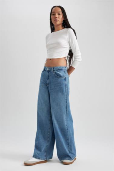Palazzo Rahat Kalıp Yüksek Bel Geniş Paça Uzun Jean Pantolon