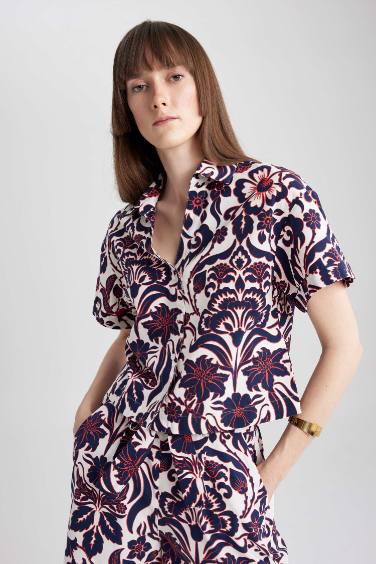 Patterned Poplin Short Sleeve Cotton Shirt