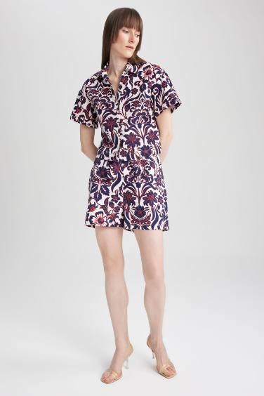 High Waist Wide Leg Patterned Poplin Shorts