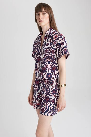 High Waist Wide Leg Patterned Poplin Shorts