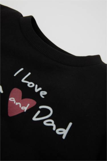 Kız Bebek Siyah Bisiklet Yaka Baskılı Pamuklu Sweatshirt