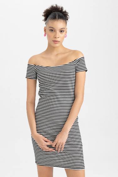 Bodycon Boat Neck Ribbed Camisole Mini Short Sleeve Dress