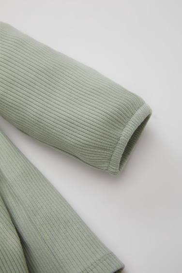 Kız Bebek Bisiklet Yaka Uzun Kollu Fitilli Yarım Düğmeli Kaşkorse Basic Düz Elbise