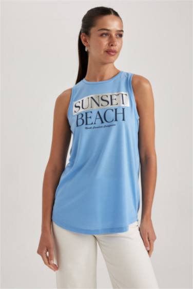 Regular Fit Slogan Printed Sleeveless T-Shirt