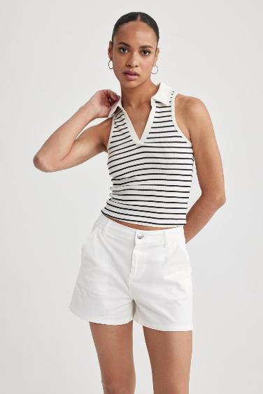 Slim Fit Striped Polo Neck Corduroy Camisole Crop Top