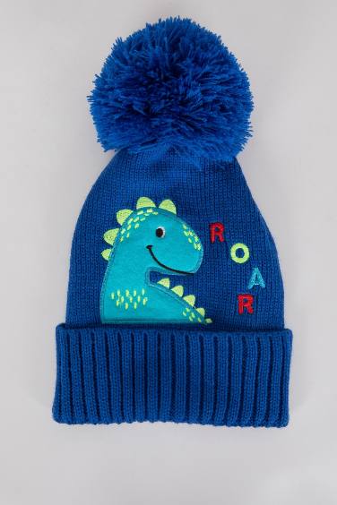 Baby Boy Dinosaur Appliqued Pompom Beret