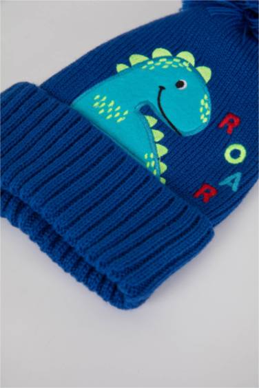 Baby Boy Dinosaur Appliqued Pompom Beret