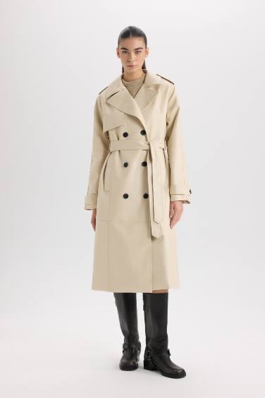 Waterproof Regular Fit Faux Leather Trenchcoat