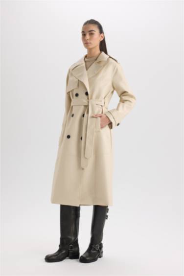 Su İtici Suni Deri Trençkot Kruvaze Yaka Düğmeli Kemerli Cepli