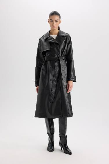 Waterproof Regular Fit Faux Leather Trenchcoat