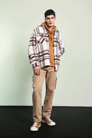 جاكيت قميص كاروهات قصة مريحة بياخة بولو بجيب