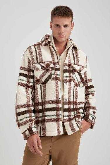 جاكيت قميص كاروهات قصة مريحة بياخة بولو بجيب