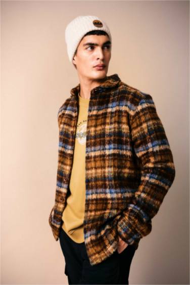 Polo Yaka Düğmeli Kareli Uzun Kollu Gömlek Ceket