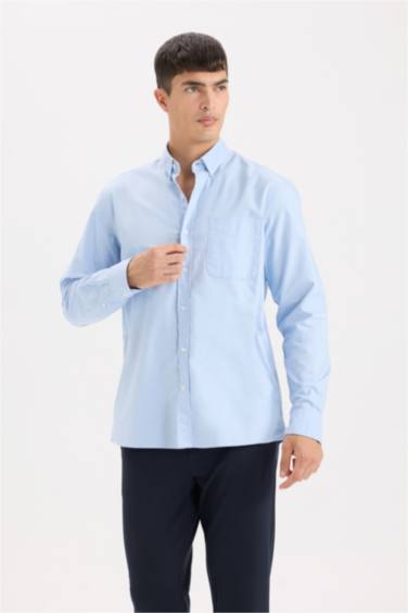 %100 Pamuk Regular Fit Polo Yaka Oxford Basic Düz Uzun Kollu Gömlek