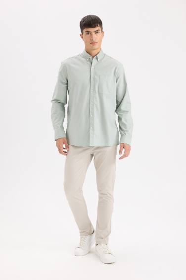 %100 Pamuk Regular Fit Polo Yaka Oxford Basic Düz Uzun Kollu Gömlek